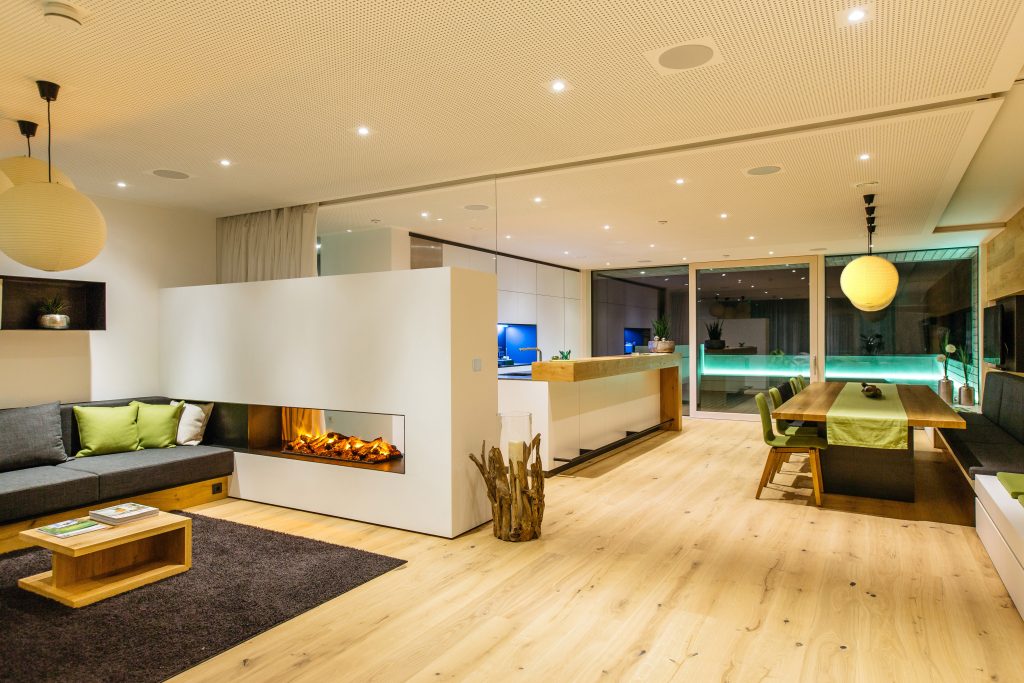Open-plan living space with integrated multi-room audio